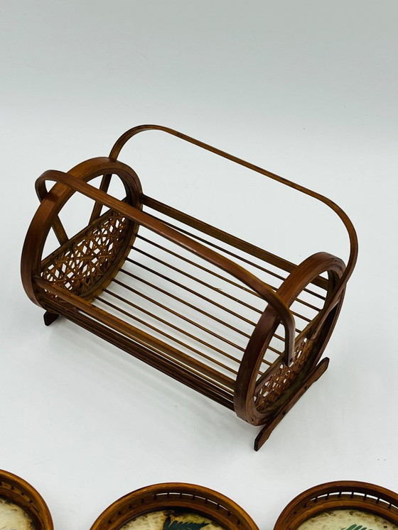 Image 1 of Vintage wooden coaster holder with 6 butterfly coasters