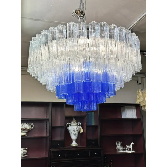 Image 1 of Luxe, grote, transparante en blauwe Murano glazen Tronchi statement kroonluchter