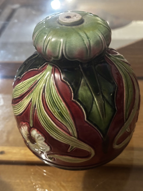 Art Nouveau lamp element in glazed ceramic with floral decoration, France, early 20th century (photo 3 of 15)