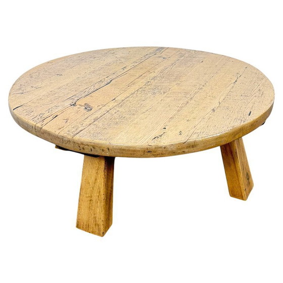 Image 1 of Rustic solid oak coffee table – round brutalist style – vintage European design