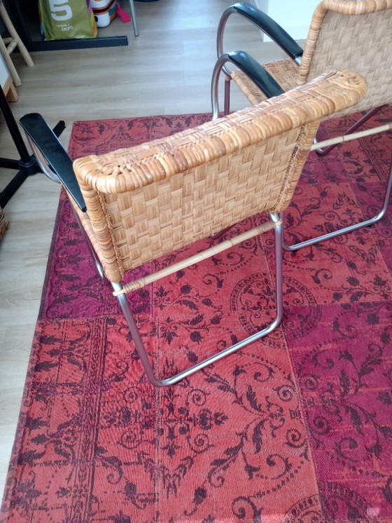 Image 1 of 2x2 Silla Gispen de mimbre con cromo mate, modelo 2a (2 juegos de 2)