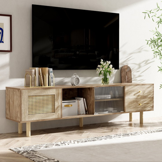 Image 1 of Urban Meuble TV-meubel in houtlook van rotan en glas met lades 172*35*48 cm