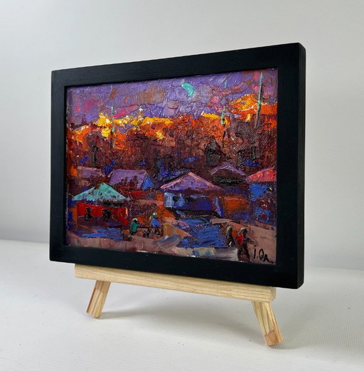 Original Oil Painting Night Village Landscape Under the moon