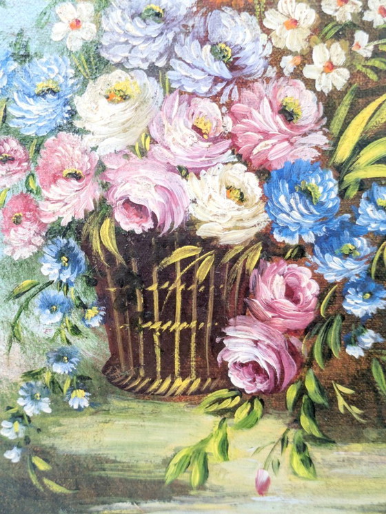 Image 1 of Peinture à l'huile florale ancienne sur toile dans un cadre doré orné, signée par l'artiste