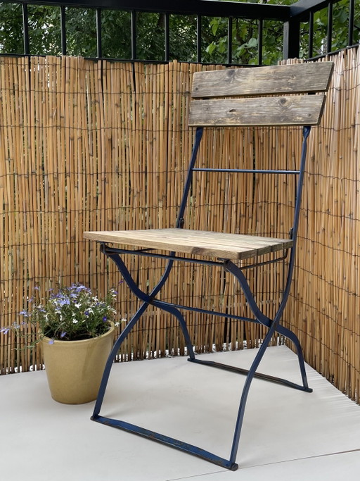 Vintage wooden bistro folding chair – blue metal frame