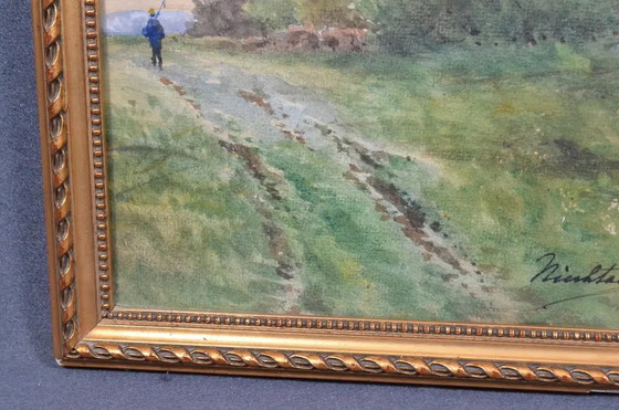 Antique French Signed Watercolor Landscape With Country Path, Gilt Frame, Circa 1900 – Paintings & Drawings (photo 5 of 12)