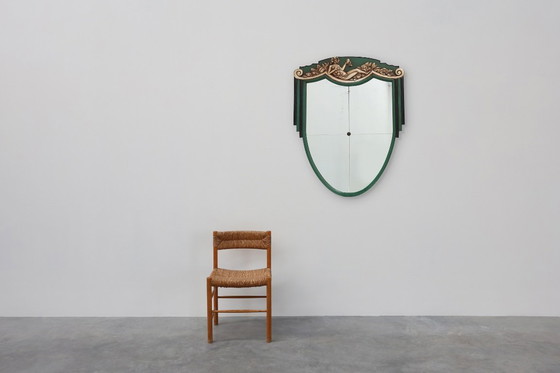 Image 1 of Miroir sculpté vert Art déco français, années 1930