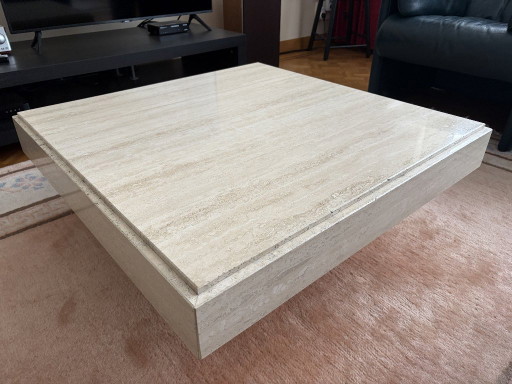 Pair of Architectural Solid Italian Travertine Coffee Tables - Attributed to Up & Up, Circa 1980