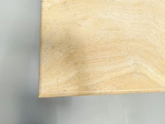 Image 1 of Vintage Travertine Coffee Table – Solid Square Stone Table with Cross Base – Postmodern 1970s Design