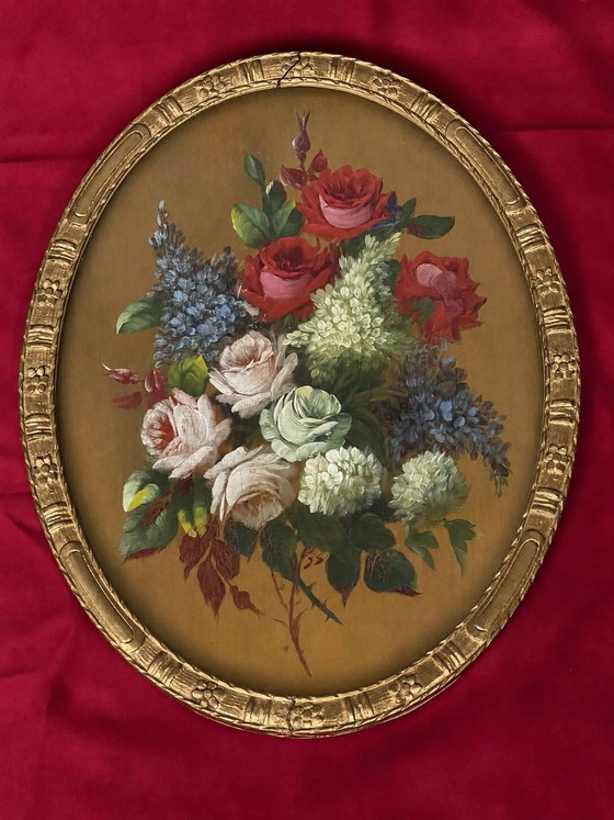 Stilleven met bloemen. Olie op paneel., Schilderijen & Tekeningen, Hout, Glas (foto 2 van 7)