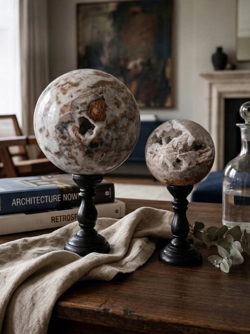 Impresionantes esferas de ágata drusa (cuarzo) sobre bases: decoración mineral contemporánea.