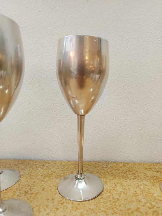 Image 1 of 6 vintage verzilverde metalen wijnglazen op voet uit de jaren 70