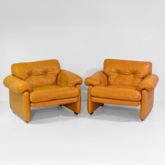 Image 1 of 3x Vintage Coronado Bruine Lederen Woonkamerset Tobia Scarpa Label C&B Italia