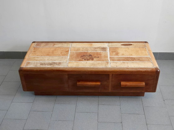 Image 1 of Vintage 1970s Ceramic Coffee Table with Solid Oak Top and 3 Drawers, DLG Capron