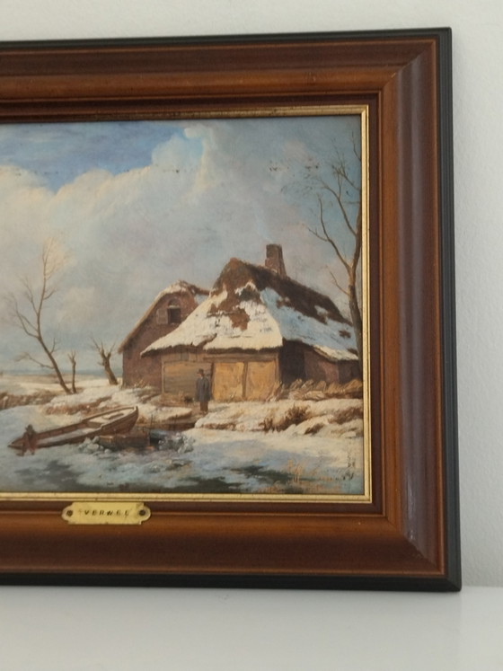 Charmante vintage reproductie van het schilderij "Hollandse winterscène" naar een werk van A.G. Jacobsen. (photo 2 of 15)