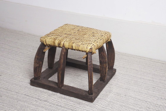 Antieke Siheyuan-kruk, Chinese geweven houten theehuisbank, primitieve Aziatische volkskunst voetenbank (photo 6 of 28)