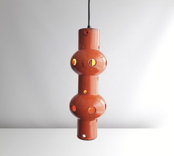 Image 1 of Suspension vintage en faïence orange, style « fat lava » d'Allemagne de l'Ouest, lampe suspendue rétro en céramique