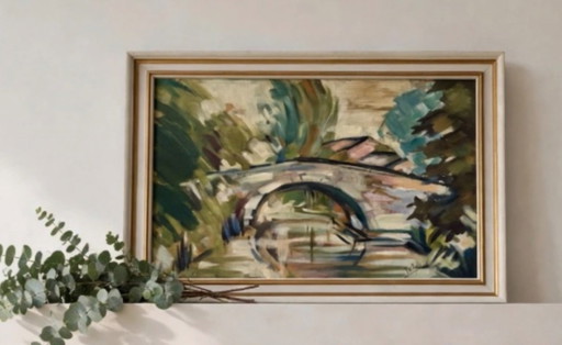 Old oil on canvas painting Arch Bridge