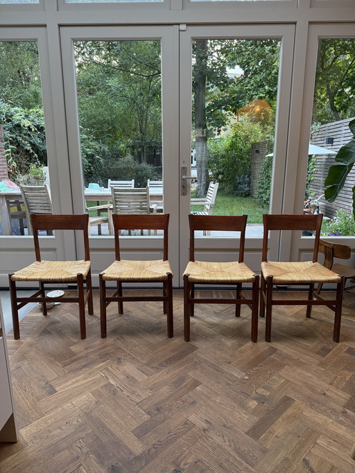 Ensemble de 4 chaises scandinaves vintage en teck et paille, années 1960