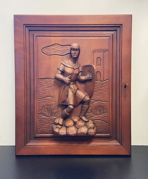 Altes Architektonisches Paneel Massivholz Geschnitzter Mittelalterlicher Ritter Möbel – beeldhouwkunst, Wood
