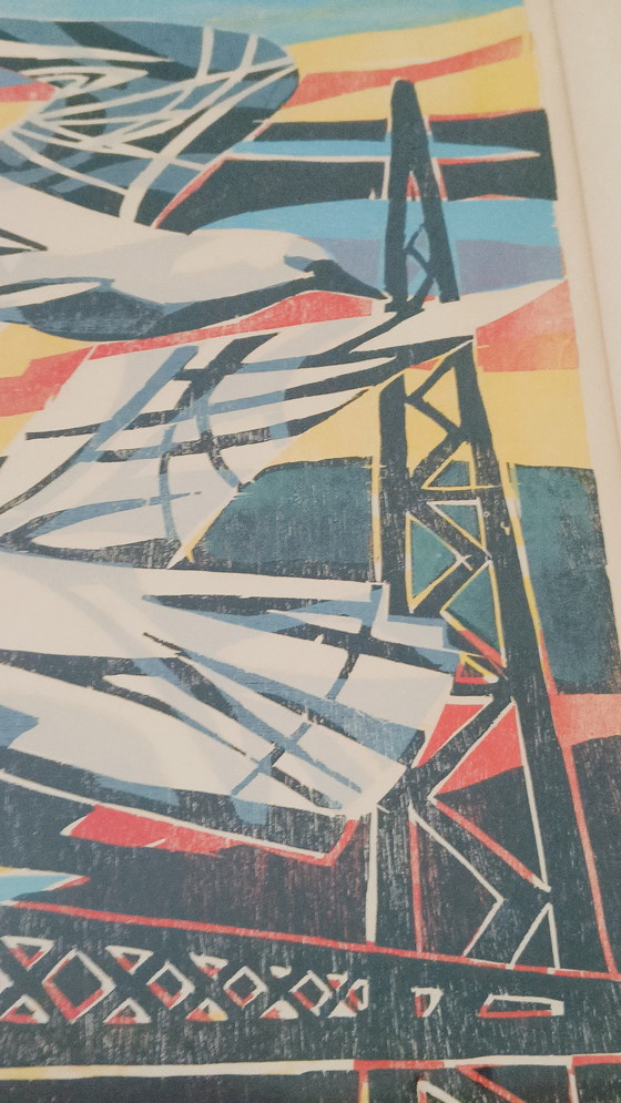Image 1 of La société Kleurrijk Industriële Vormgeving Houtdruk Gesigneerd 1961 'Meeuwen' (en anglais)