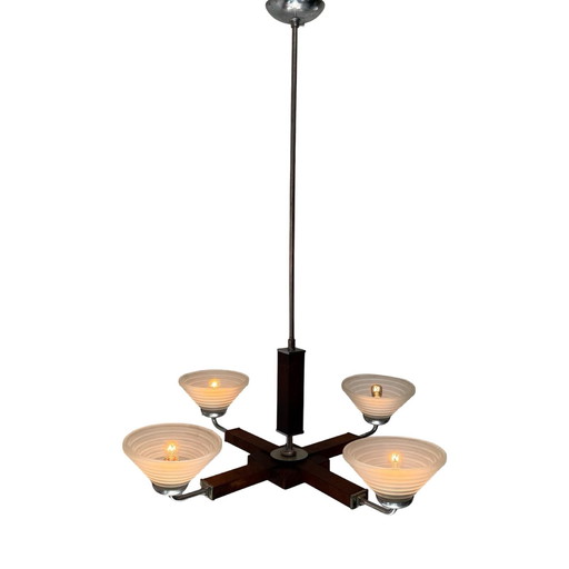 Art deco kroonluchter - Ca. 1930, Tsjecho-Slowakije - Satijnglas, walnootfineer en verchroomd metalen frame - 4 lampen