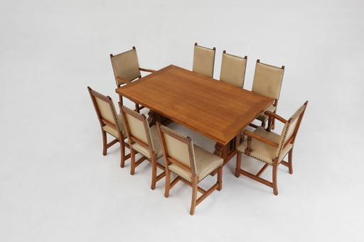 Art Deco eetkamerstoelen van eiken en leer, jaren 1940, set van 8