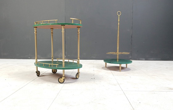 Image 1 of Carrello bar e portabottiglie in pelle di capra laccata italiana a forma di cigno di Aldo Tura, anni '60