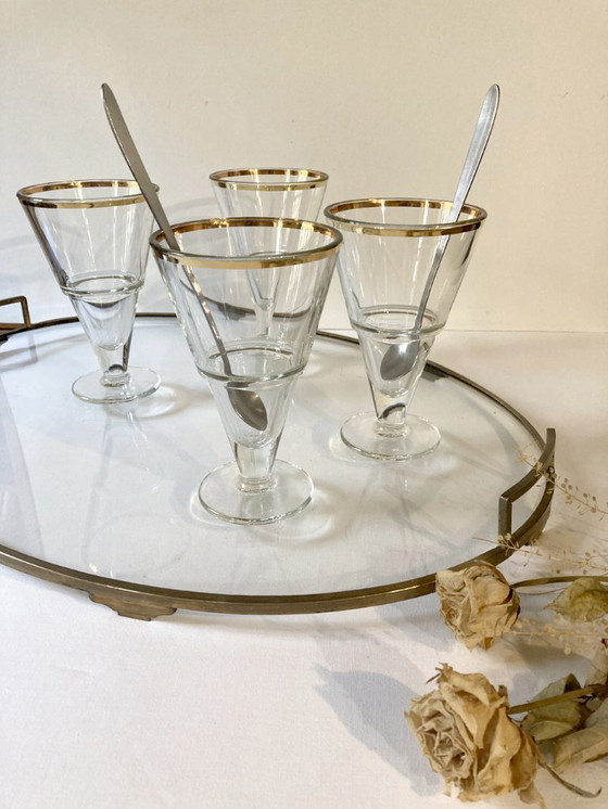 Image 1 of 4 cuencos de postre de cristal con bordes dorados, La Rochère, Francia