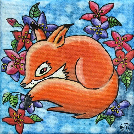 Renard unique peint à la main avec des fleurs