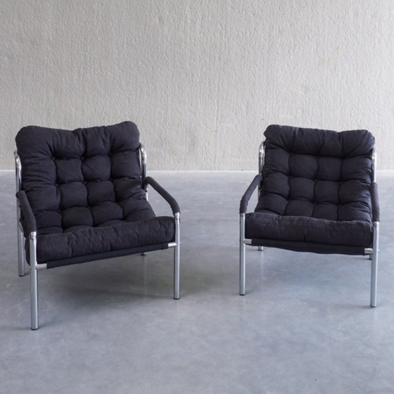 Coppia di Poltrone Tubolari Mid-Century Modern, Tessile, Nero (foto 4 di 12)