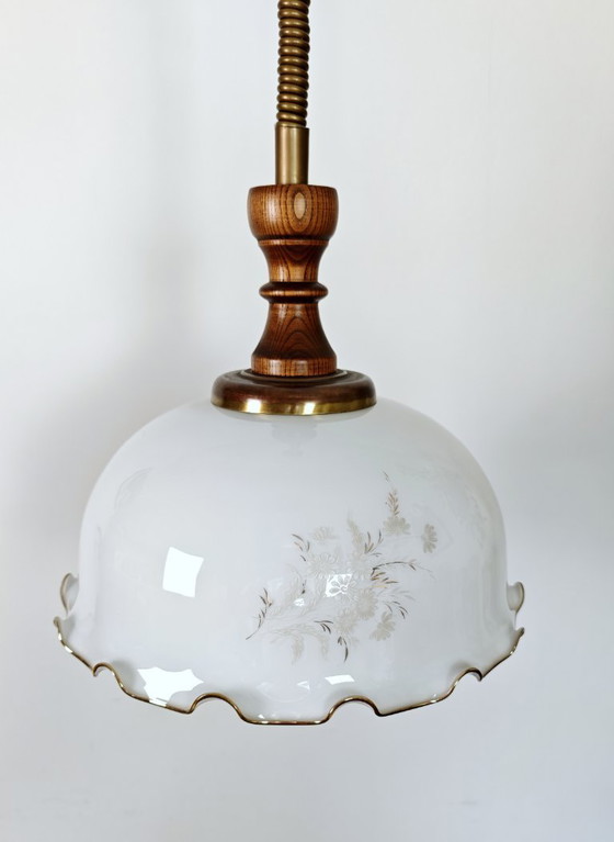 Image 1 of Vintage 1970s Opaline Glass Pendant Light / Mid Century Modern Ceiling Lamp / Scalloped Floral Shade with Wood Brass / 
