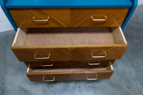 Image 1 of Commode scandinave 1960 atypique bleu Ainhoa Satiné 4 tiroirs