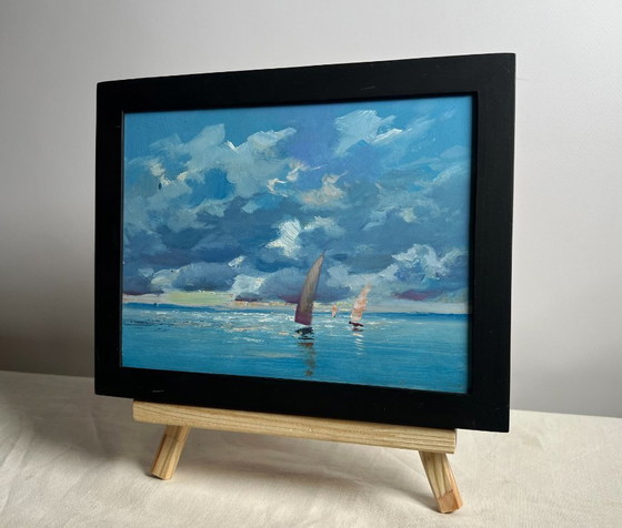 Image 1 of Peinture à l'huile originale, paysage marin d'été. Le soleil derrière les nuages.