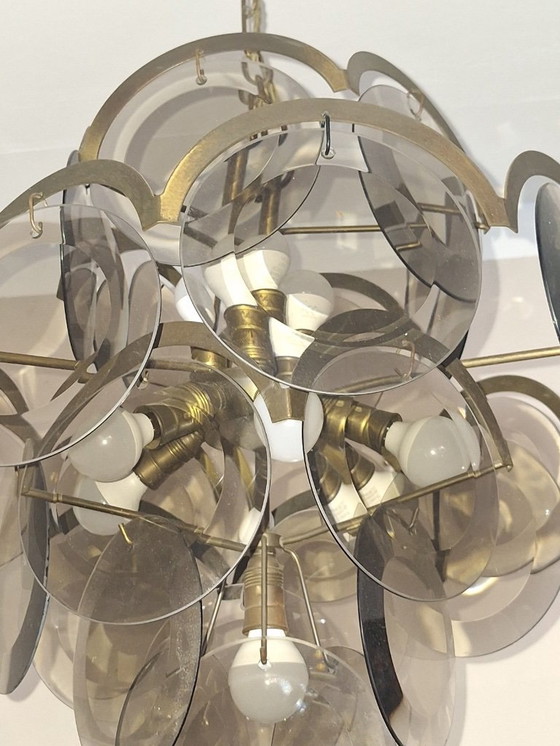 Image 1 of Lampadario Vistosi con 28 dischi di vetro ambrato sfaccettato, Italia, anni '60