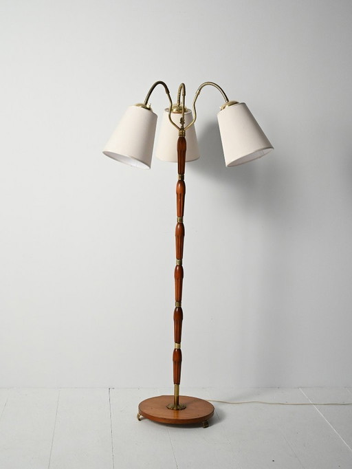 Three-arm teak and brass floor lamp, Scandinavia, 1940s–50s