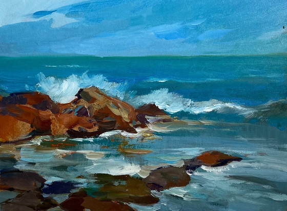 Image 1 of Peinture à l'huile originale représentant un paysage côtier marin. Les vagues se brisent sur les rochers.