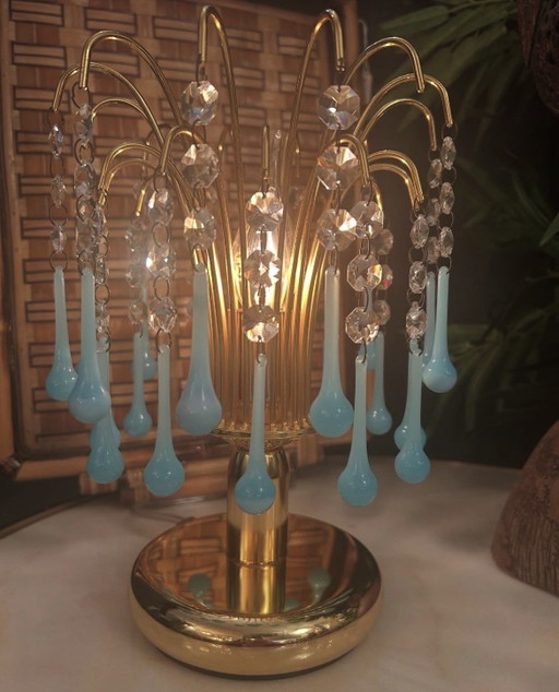 Lampada da tavolo vintage a goccia in vetro opalino azzurro Murano, italiana