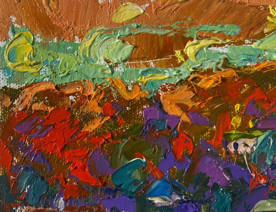 Image 1 of Original Oil Painting Sunset Houses Landscape Evening bell floats over the village