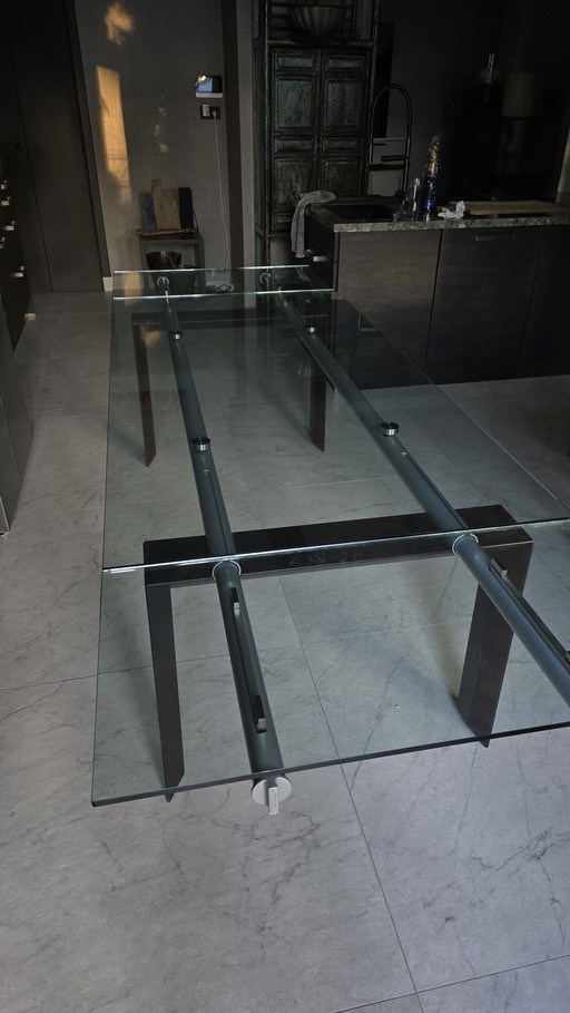 Vintage uitschuifbare design eettafel | Glas, hout & metaal (ca. 2000)