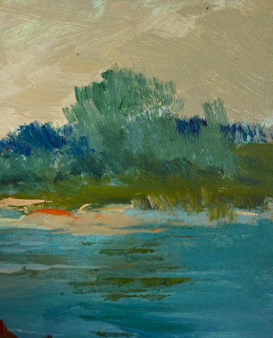 Image 1 of Original Oil Painting Summer River Landscape Boats at rest by the river