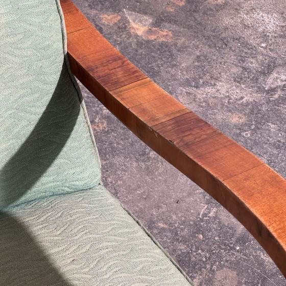 Pair of Art Deco Style Armchairs with Veneered Arms, 1960s – Textile (photo 13 of 14)