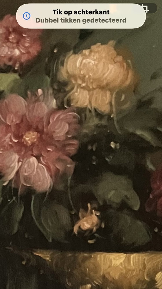 Image 1 of Groot Klassiek Stilleven R. Hunther - Gouden Vazen & Bloemen - Luxe Lijst