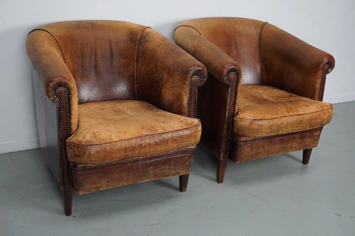 Vintage Nederlandse cognackleurige leren clubfauteuils, set van 2