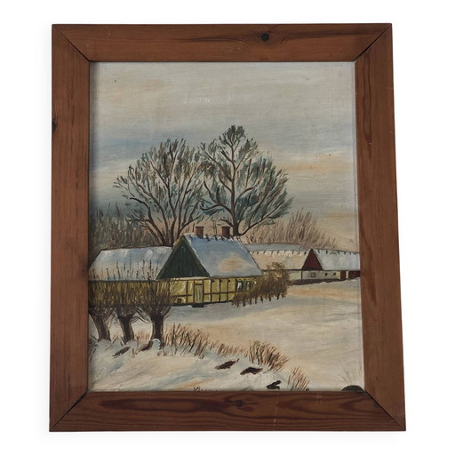 Peinture à l'huile originale vintage représentant un paysage d'hiver encadré : œuvre d'art originale représentant un cottage.