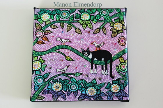 Image 1 of Cuadro único pintado a mano con burro, gato y pájaros