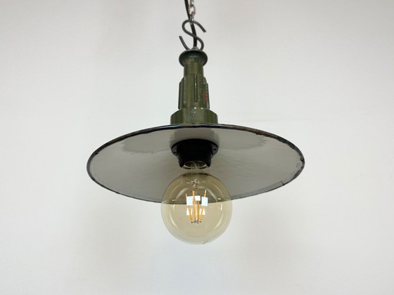 Image 1 of Industrial Petrol Enamel Military Pendant Lamp with Cast Aluminium Top, 1960s