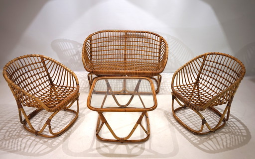 Tito Agnoli Rattan-Garnitur für Bonacina, 1960