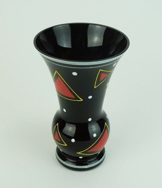 Image 1 of Mid Century Glasvase Hyalith Glas schwarz Glas abstrakte Dekor Emaille Malerei 1950er Jahre