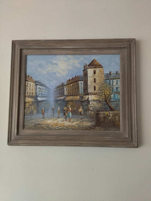 Pintura. Paisaje urbano de París. – schilderijen tekeningen, Wood, Canvas